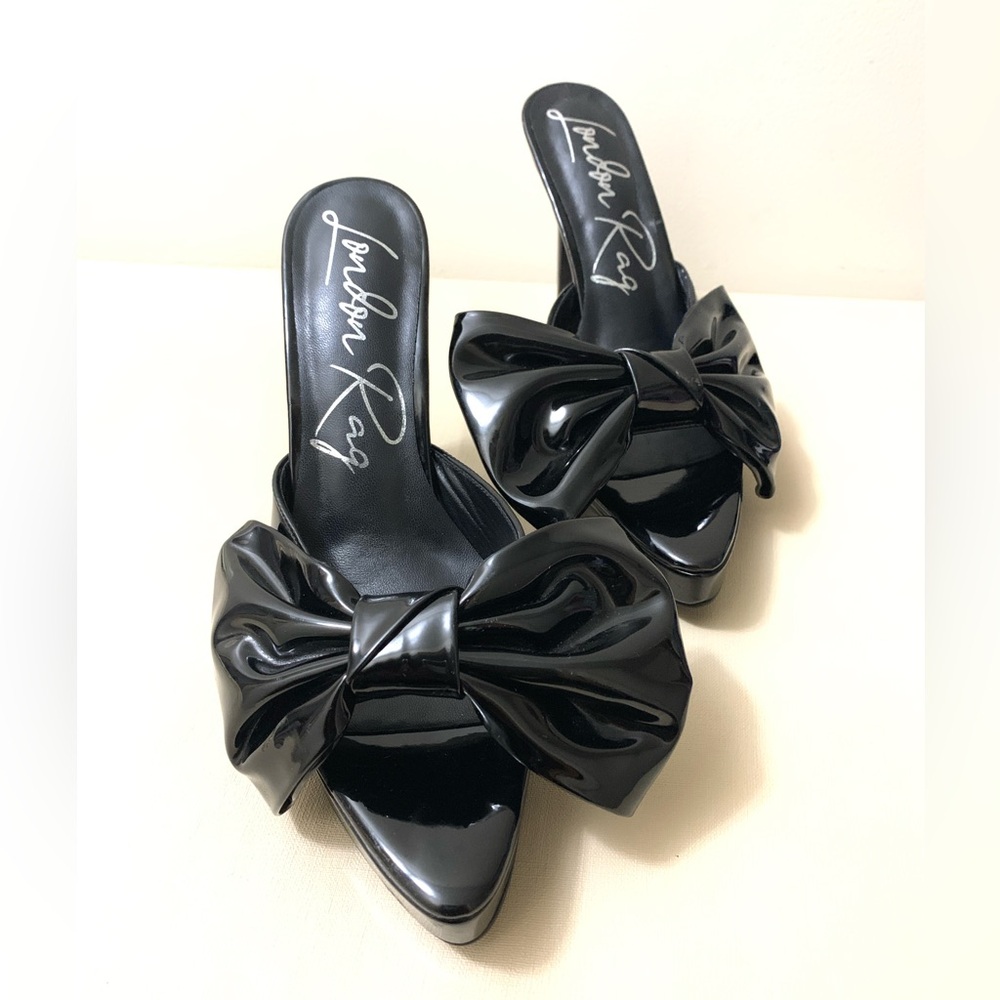 London Rag Black My Time Patent Pu Bow Detail High Heeled Black Sandal Wmns 8.5 - Picture 3 of 12